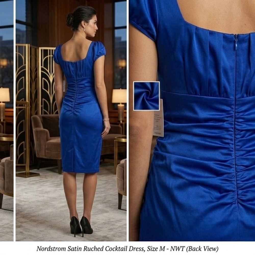 Suzi Chin for Maggy Boutique Cobalt Blue Satin Ruched Midi Dress - Picture 10 of 10